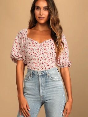 Lulu’s | Ivory Floral Print Puff Sleeved Bodysuit